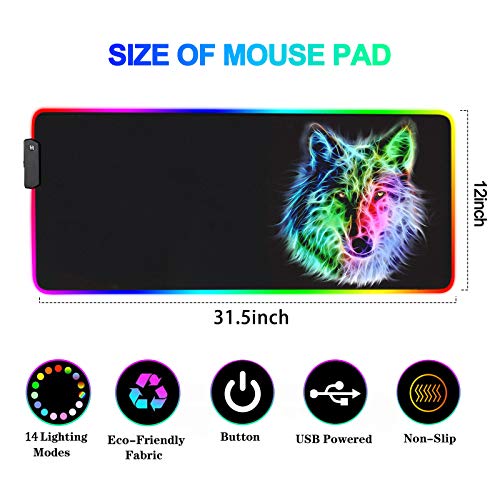 Rgb Gaming Mouse Pad - 14 Light Modes Extended Computer Keyboard Mat, Anime Led Mouse Pad Large，High-Performance Mouse Pad Optimized For Gamer 31.5 X 12In (Wolf Mouse Pad) #TOP1