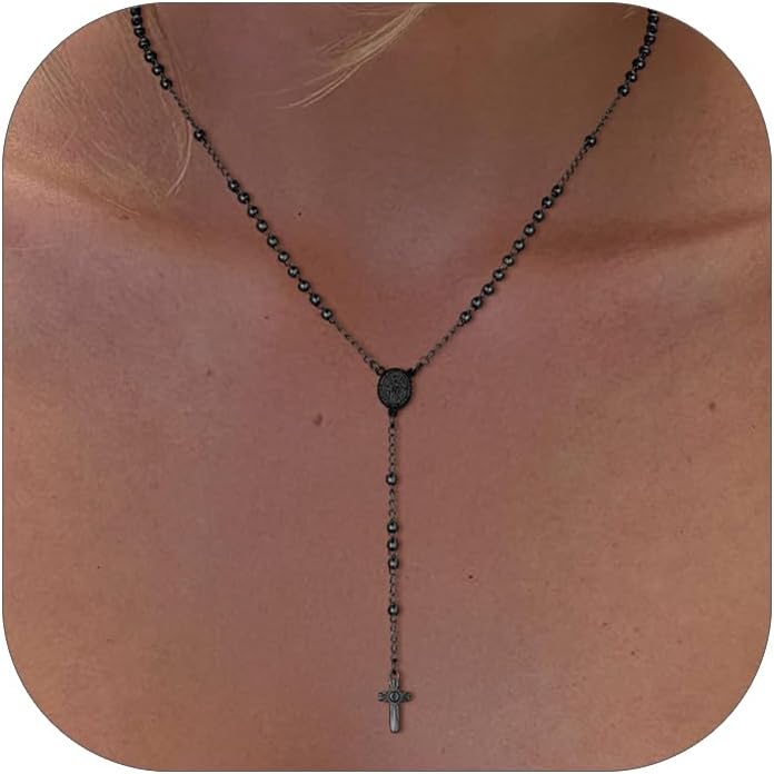 FOCALOOK Rosary Chain Necklace Virgin Mary Prayer Necklace with Crucifix/Jesus Cross Pendant Catholic Long Y Drop Chain Jewelry Gift for Women Men (with Rosary Box & Pray Card)