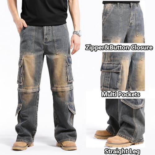 Men's Hip Pop Cargo Denim Pants Casual Straight Leg Loose Fit Detachable Jeans4