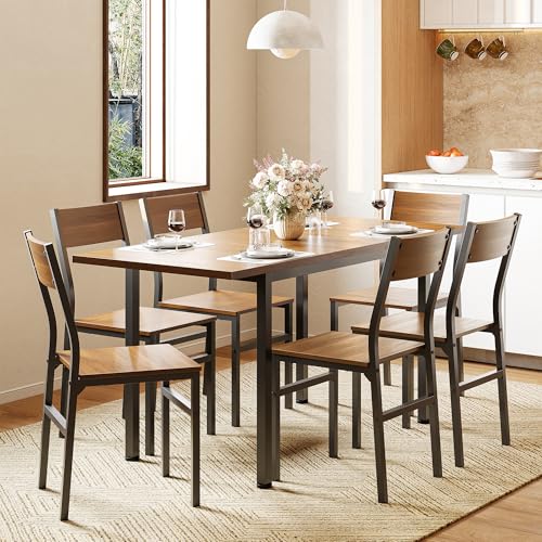 La Mejor Selección de Comedor 6 Sillas Economico del mes. 42 NUESTRO NIDO | Mesa De Comedor Extensible 120-160x70x76 Cm con 6 Sillas De MDF Y Estructura Metálica Estilo Industrial | Comedor 6 Sillas | Muebles para Cocina | Color Nogal