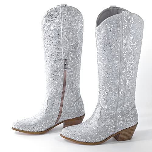 Image of Women's Embroidered Western Cowboy Mid-Calf Boots - Rider Boots - Mid-Height Boots Above Knee with Diamond Inlays