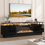 PUKAMI 70' Fireplace TV Stand, LED Light Entertainment Center with 36' Electric Fireplace, 2 Tier Modern Wood Media TV Console with Highlight Storage Cabinet for Living Room, Black