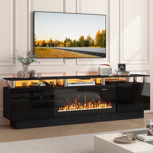 PUKAMI 70" Fireplace TV Stand, LED Light Entertainment Center with 36" Electric Fireplace, 2 Tier Modern Wood Media TV Console with Highlight Storage Cabinet for Living Room, Black