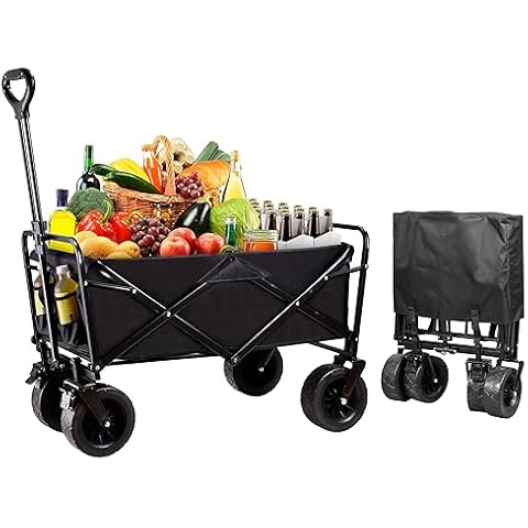 HQJUN Collapsible Foldable Wagon, 400lbs Large Capacity All Terrain Beach Vehicle, Outdoor Portable Wagon for Camping, Garden, Shopping, Groceries, Black Cover
