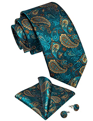 Image of DiBanGu Mens Paisley Tie Sets Silk Jacquard Woven Floral Necktie and Pocket Square Cufflinks Wedding Business Party