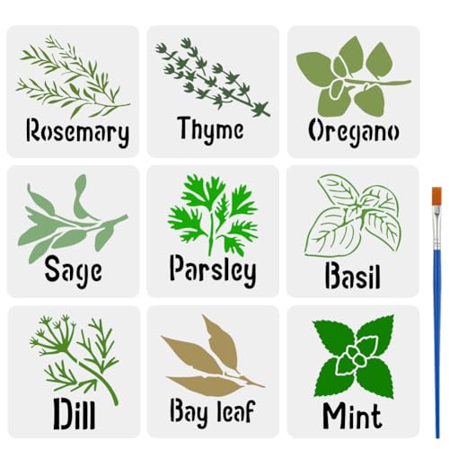 FINGERINSPIRE 9 Pcs Various Vanilla Stencil with a Paint Brush 5.9x5.9Inch Rosemary Thyme Oregano Stencil Rosemary Sage Parsley Basil Dill Bay Leaf Mint Templates for Wall Tiles Floor