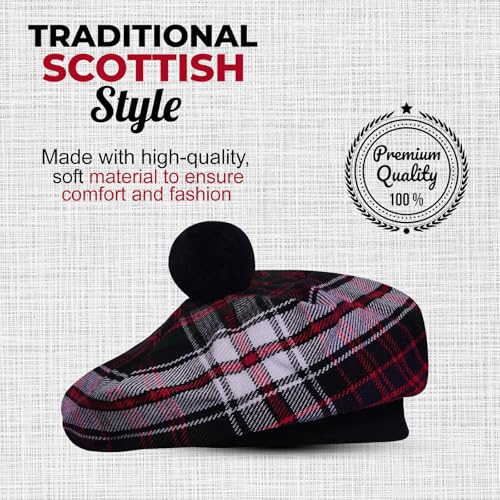 Image of Scottish Tam O' Shanter Hat Tartan Bonnet Pom Pom Wool Flat Cap One Size
