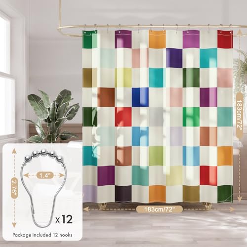 Image of AmazerBath Colorful Checkered Shower Curtain, 72x72 Washable Cloth Modern Geometric Shower Curtains for Bathroom, Fabric Cute Kids Shower Curtain Set & 12 Hooks, Rustic RV Camper Dorm Shower Curtain