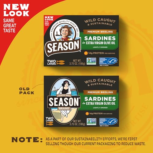 Image of Season Brisling Sardines in Extra Virgin Olive Oil, 3.37 Oz Tins, 6-Pack | Wild Caught, 14g of Protein, Keto Snacks, More Omega 3's Than Tuna, Kosher, High in Calcium, Canned Sardines, Two Layers