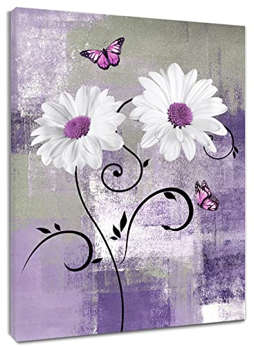 Tableau papillon violet et fleur grise en toile encadrée pour salon 30x40 cm