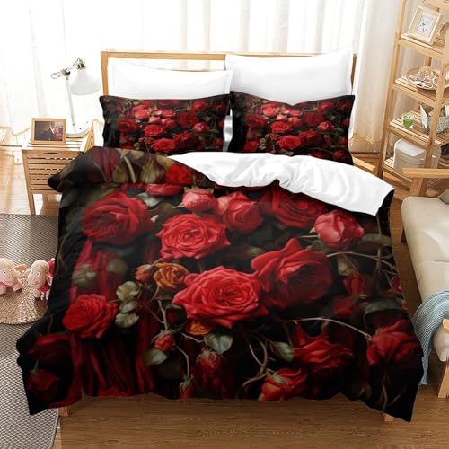 Housse de couette roses rouges 135x200 microfibre avec taie d'oreiller lit simple