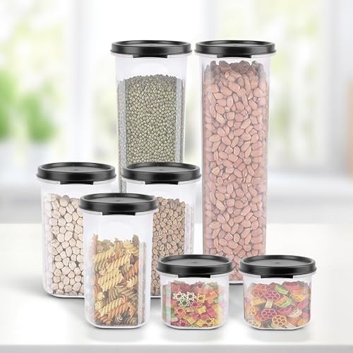Image of Cutting EDGE Smart Slim Storage Airtight Container-Black,Set of 7 | Plastic material, size - 2x1.1L+3x585ml+2x250ml , pantry organization, pulses storage, grains storage, kitchen Storage