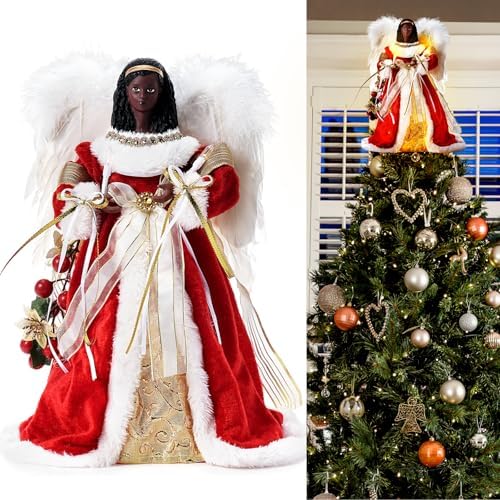 WIOR 12Inch Black Angel Christmas Tree Topper with White Feather Wings, Led Lighted Xmas Tree Topper Angel Figurine Ornament Christmas Tree Decorations for Home Holiday Party Wedding Christmas Decor