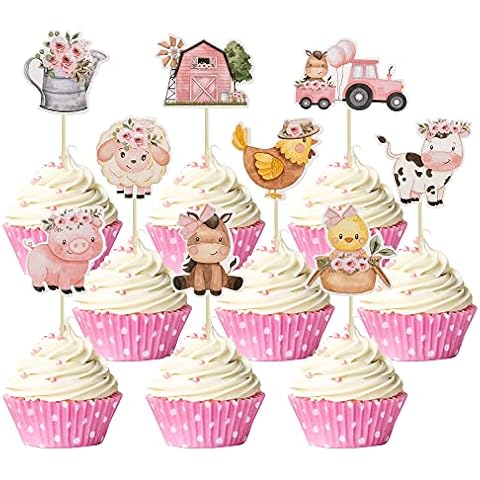 Gyufise 36Pcs Pink Floral Farm Animal Cupcake Toppers Pink Cute Girl Farm Animal Birthday Cupcake Toppers Picks for Girls Farm Animal Theme Baby Shower Barnyard Birthday Party Supplies Cover
