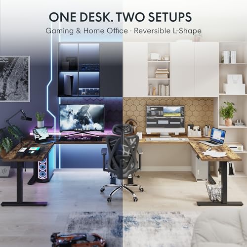 Image of FLEXISPOT L Shaped Standing Desk, 71 x 63 Inch Electric Height Adjustable Corner Desk, Sit Stand Computer Workstation, Preset Controller, Home Office, Black Frame with Rustic Brown Top