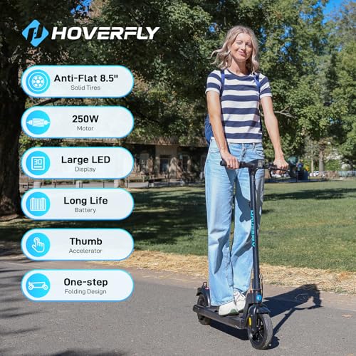 Image of HOVERFLY Electric Scooter for Adults, Max 10 /18 /25Miles&15.5 /20Mph Speed | 250 /500W Motor, 8.5 inch /10 inch Solid Tire, Big LCD Display with Cruise Control, Max Load 220lbs, Foldable Escooter for Commute