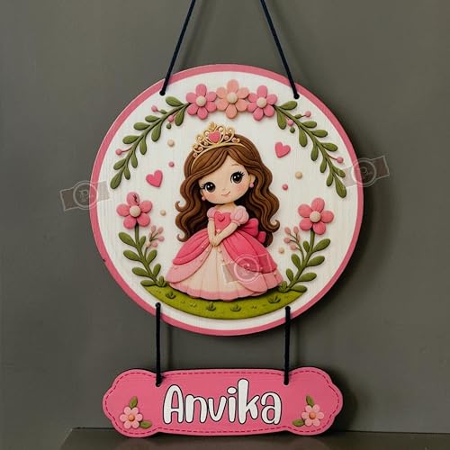 P Arts Personalized Kids Name Plate for Room Door, Custom Baby Name Board for Nursery Decor, 3D Illusion UV Printed Wooden Name Sign, Kids Room Wall Hanging, Birthday Gift & Return Gift (Princess Dreamland)