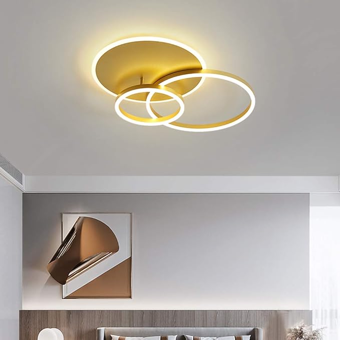 A.1.Coo LED Plafondlamp Woonkamer Metalen Verlichting Dimbaar met Afstandsbediening Ring Ceiling Light Acryl Hanglamp voor Slaapkamer Studeerkamer Kinderkamer Oogbescherming Kroonluchter,Gold,3 Ringe photo 3