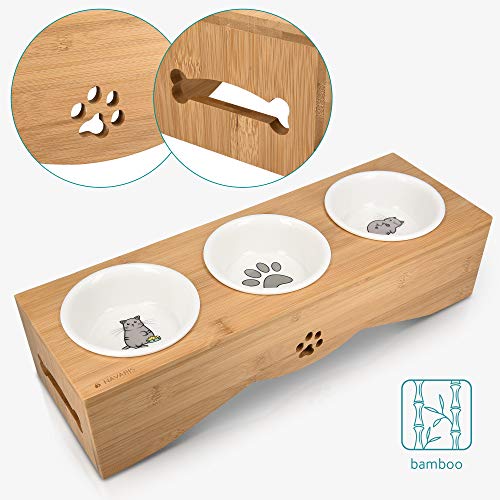Navaris Cat Bowls with Stand - Elevated Triple Feeder for Cats - Ceramic Pet Bowl Dishes 3-Pcs Set with Printed Designs… - Image 4