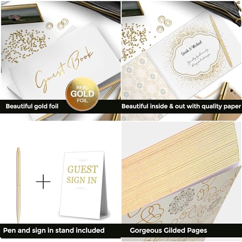 Image of White & Gold Wedding Guest Book w / Pen & Table Sign - Guestbook Sign in for Reception, Birthday Parties, Bridal or Baby Shower - Gilded Pages, Size 7 inchx9 inch inches - Blank Left Page for Polaroids