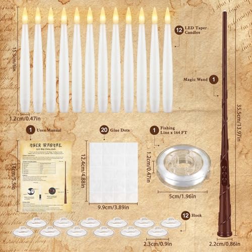 Image of Floating Candles with Magic Wand Remote, 12 Pack LED Taper Candles Flickering Warm Light, Hanging Candles with 12 Hooks, Fishing Line & Glue Dots, Halloween Christmas Decorations for Home Party