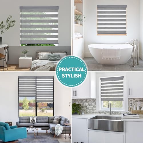 Joydeco Cordless Zebra Blinds for Windows, Dual Layer Light Control Window Blinds with Light-Proof Aluminum Cover, Free-Stop Roller Shades for Home & Office (Grey,18" W x 48" H)