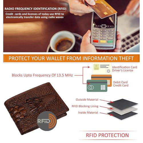 Image of Men's Top Grain Leather Wallet with Crocodile 3D Print | 8 Card Slots Bifold Wallet | RFID Protected (Maroon)