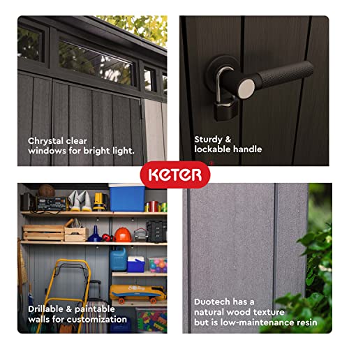 Image of Keter Artisan 7 x 7 Foot Large Modern Design Outdoor Shed with Floor for Outdoor Furniture, Lawn Equipment, Bikes, and Gardening Tools, Gray