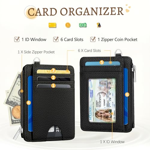 Image of Black Minimalist Credit Card Holder Small Wallet Women, Business Slim RFID | Keychain, Zipper Coin Pocket, Front Pocket Thin Travel Card Case, Minimalist, 6 Card Slots, 1 ID Window, Ladies Gifts Woman