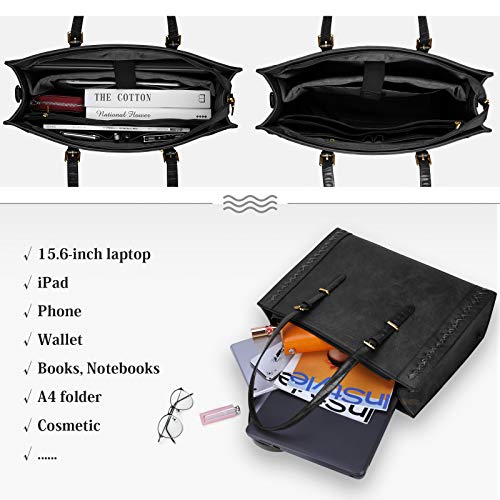 Laptop Bag For Women Waterproof Lightweight 15.6 Inch Leather Laptop Tote Bag Large Women Briefcase Professional Business Office Computer Work Bags Shoulder Handbag Black #TOP2
