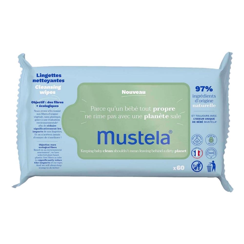 Mustela Baby Cleansing Wipes with Natural Avocado - For Face, Body & Diaper Area - Made with Compostable & Plastic Free Fibers - Lightly Scented - 60 units
