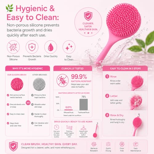 Image of ANTIL'S Soft Silicone Back Scrubber with Long Handle for Shower & Bath | Flexible Exfoliating Brush with Gentle Bristles for Smooth Skin | Body Scrubber for Men, Women & Boys | Ideal for Body Wash & Bathing (PINK) (PINK)