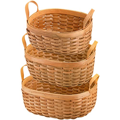 Elsjoy Set Of 3 Wood Woven Storage Basket With Handles, Oval Fruit Bread Basket Organizer Rustic Rattan Nesting Basket Bin For Living Room, Bathroom, Kitchen, Home Decor #TOP2