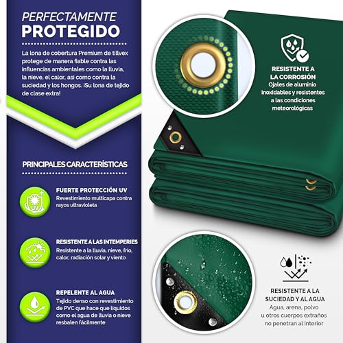 Miniatura 2 de Tillvex Lona Con Ojales 10 Ganchos Y Cuerda De 15 M, Lona De 650 G M Exterior, Impermeable Y Al Desgarro, Lona De Pvc Universal Para Camiones, Piscinas, Muebles De Jardín, Cubierta Cubierta