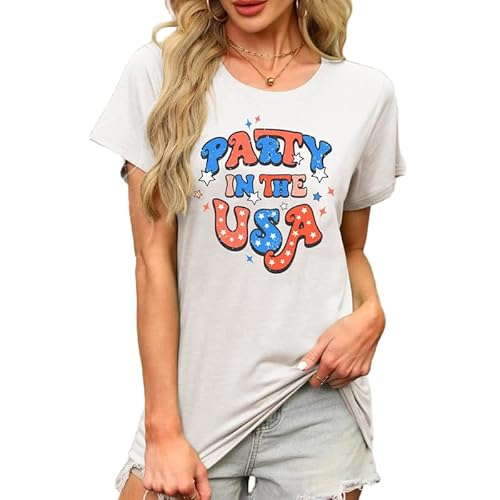 Gepansis Women’s 4th of July T-Shirt – Retro “Party in The USA” Graphic Tee, Casual Short Sleeve Top White Large