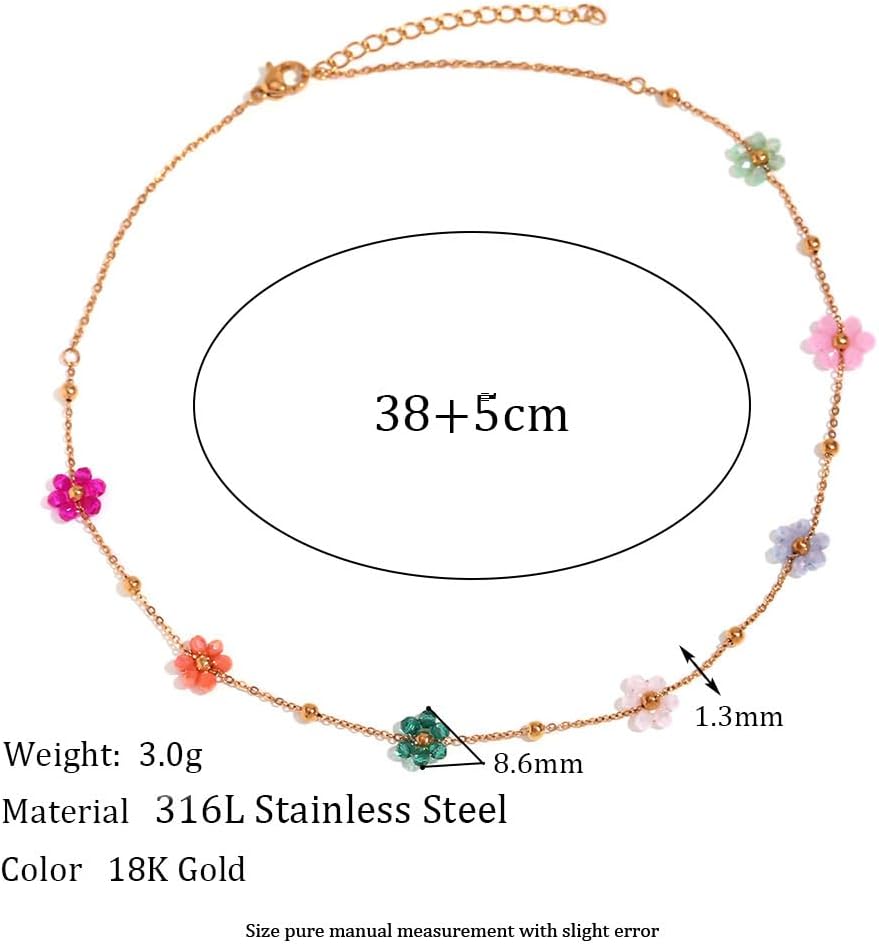 Cute Flower Beaded Ball Choker Necklace Stainless Steel Colorful Acystal Bead Daisy Flowers Adjustable Necklaces Fashion 18k Goldtone Plated Jewelry Gifts for Women Chain 15"+2" - Image 2