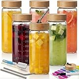 HomArtist 16oz Round Glass Juice Bottles with Lids, 6 Pack Reusable Juice Containers with Bamboo Lids, Glass Juicing jars with 4 Straws & 2 Airtight Lid with Hole for Drinking