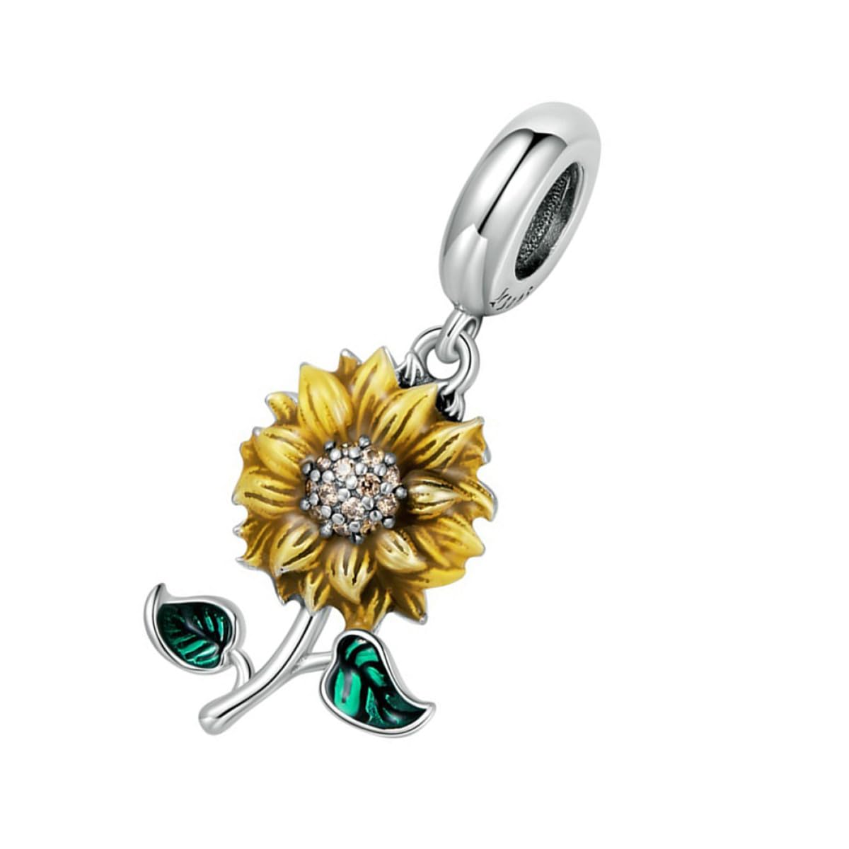 Charme tournesol argenté S925, finition émail et zircons premium - 8