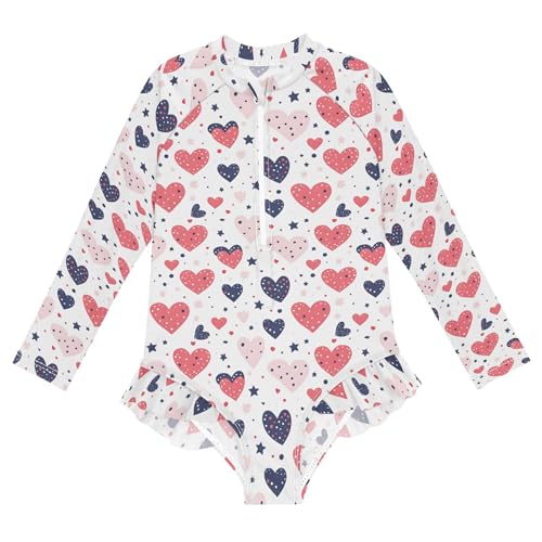 Heart Valentine Girls Long Sleeve Rashguard Swimsuit UV Protection One-Piece Swimwear Bathing Suit B0403489
