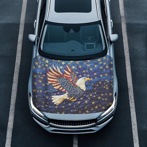 Image of Car Hood Cover Protector Stretchable Eagle American Flag Car Hood Wraps Auto Banner Auto Decorative Accessories for Compact Sedans SUV Trucks (59x39 Inch)
