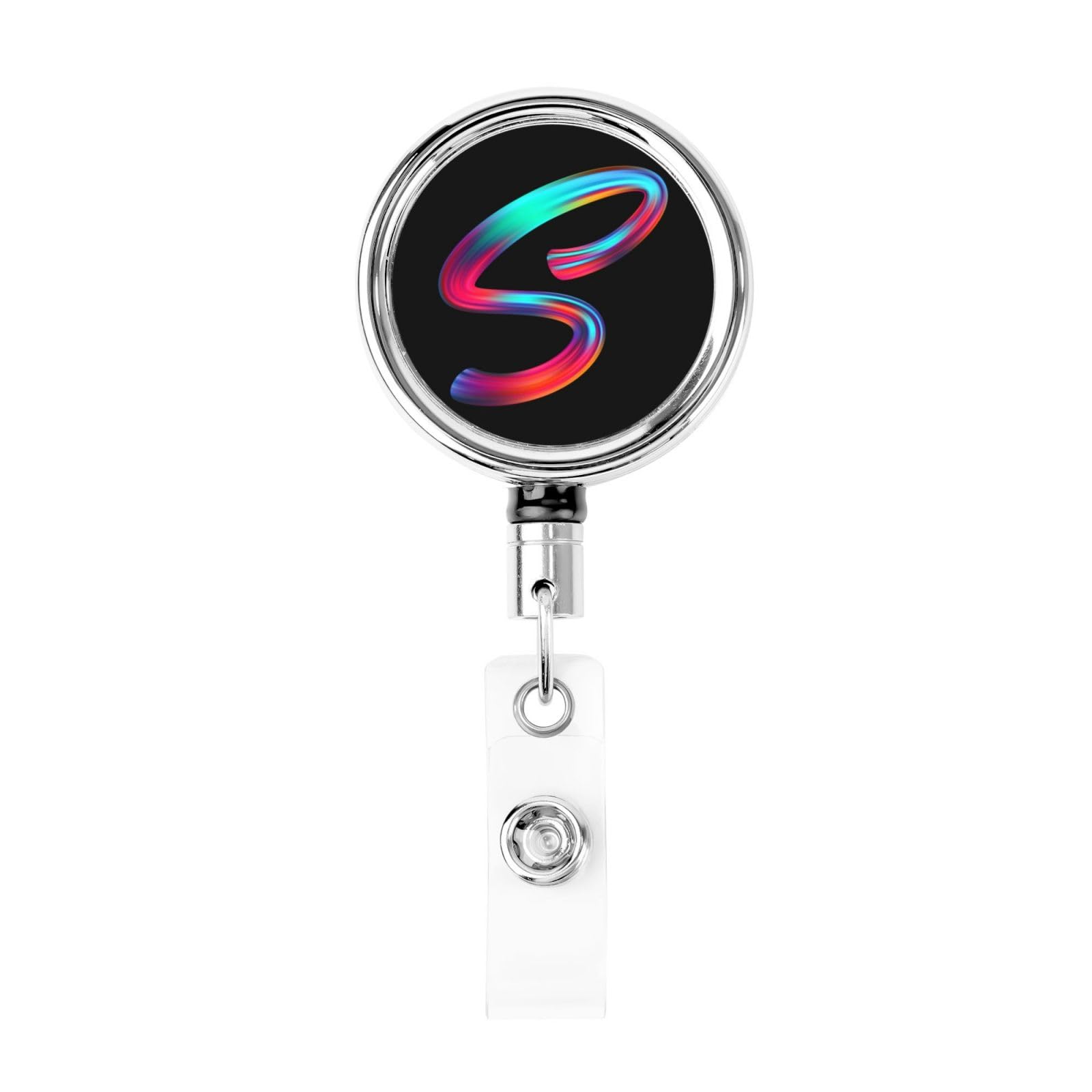 Cute Initial Retractable Badge Reel with Clip, Colorful Letter Design Nurse Teacher Police Security Badge Holder, Novelty Office Work ID Name Metal Badge Clips, Rainbow Letter S