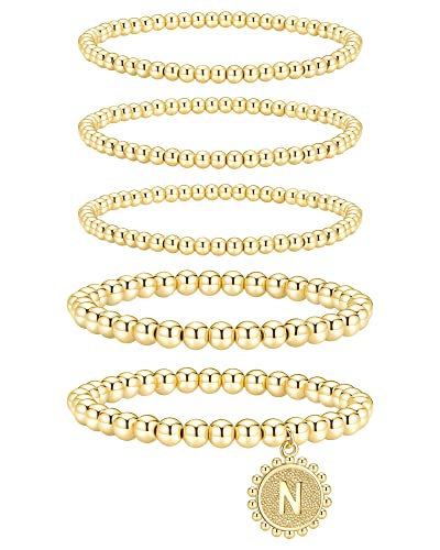 adoyi Gold Bracelets for Women, Gold Chain Bracelet Sets 14K Gold Initial Beaded Bracelets Adjustable Stretch Stackable Layered N Bracelet Set for Women Teen Girls Jewelry Gifts