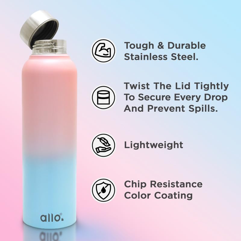Image of Allo Stainless Steel Water Bottle For Adults, Kids 950ml Water Bottles For School, Office, Sports, Gym 950ml Water Bottle For Men And Women, Pack Of 2| Leak Proof, Bpa Free, Pink And Baby Blue