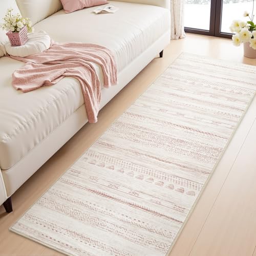 2x8 Pink Runner Rug Machine Washable Non Slip Area Rug Distressed Neutral Moroccan Boho Rug Ultra Soft Floor Runners for Hallways for Entryway Laundry Room Kitchen