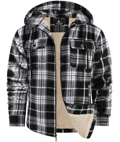 Image of Mens Plaid Hoodies Winter Zip Up Fleece Jacket Sherpa Fleece Lined Warm Flannel Jacket Coat