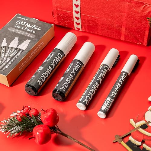 GAINWELL 4er Pack Weiße Kreidemarker - Reversible Jumbo- und Feinspitzen - 3mm, 6mm, 10mm, 15mm - Verwendung auf Kreidetafel, Whiteboard, Glas