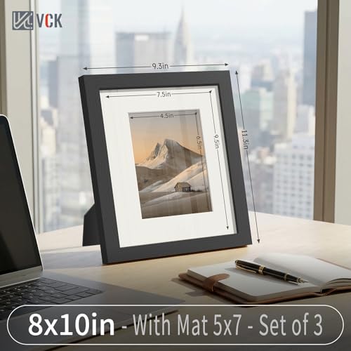 Image of VCK 8x10 Picture Frame 3 Pack, Black Wood, 5x7 Mat, Glass, for Photo Print