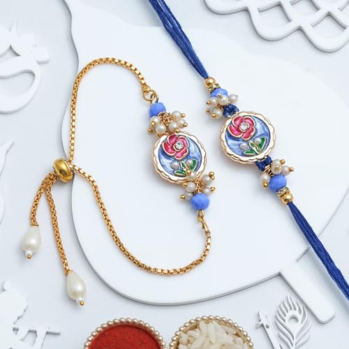 Image of eCraftIndia Beautiful Flower Designer Bhaiya Bhabhi Rakhis with Best Bro Ever Fridge Magnet | Set of 2 Rakhi for Brother and Bhabhi | Lumba Rakhi | Roli Chawal Pack | Roli Chawal Pack