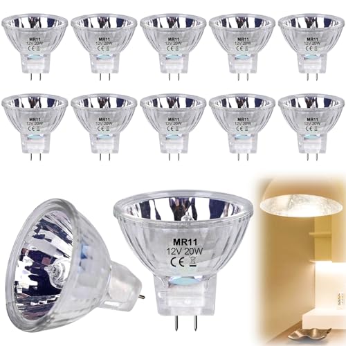 Vaileal 12 Piezas Bombilla Halogena MR11 12V 20W, Regulable Halógenas GU4 MR11 Halogena Reflector Bombillas Halogenas 250LM Blanco Cálido 2700K Bombilla Halogena GU4 Focos Halógenos