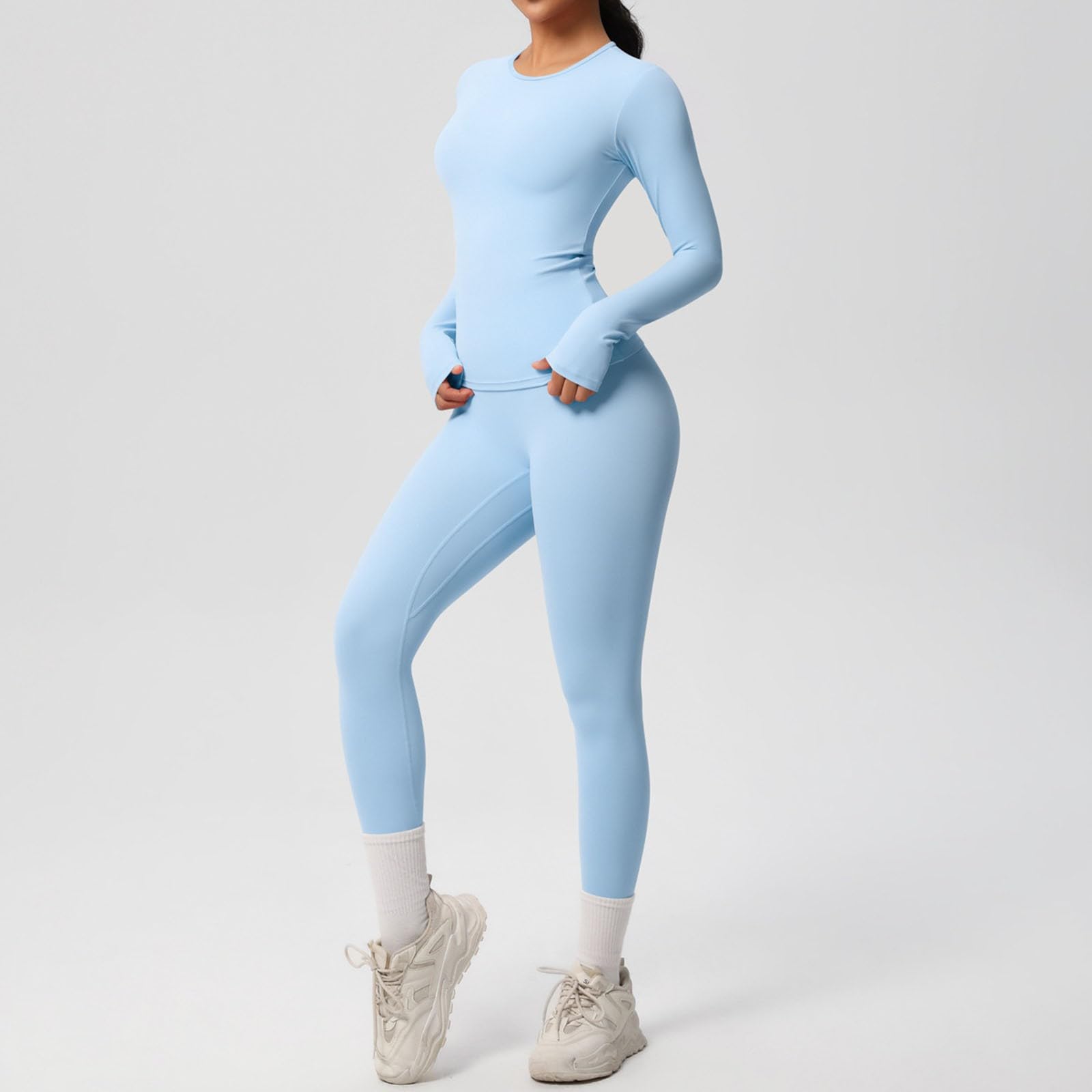 Générique Tenue de yoga respirante à manches longues et pantalon de couleur unie pour le fitness, la course à pied et l'exercice